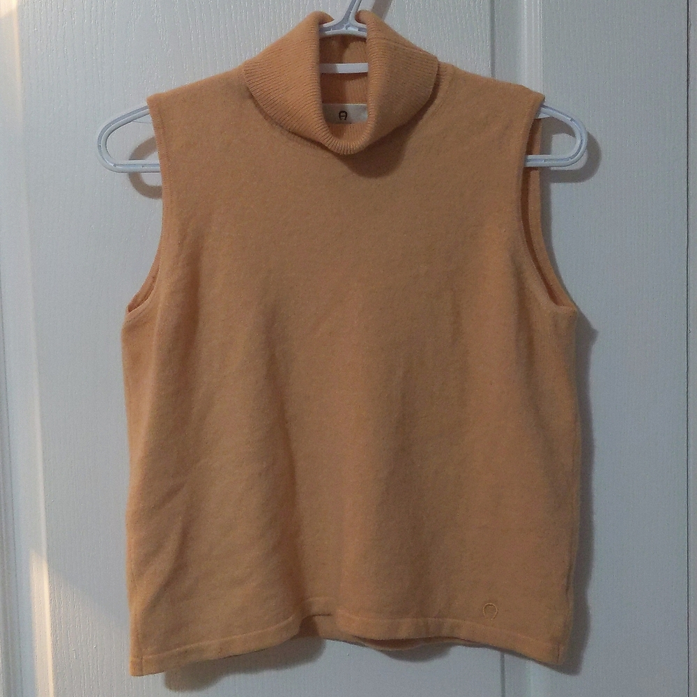 RARE VINTAGE Aigner Merino Wool Cashmere Peach Turtleneck Sleeveless Vest top